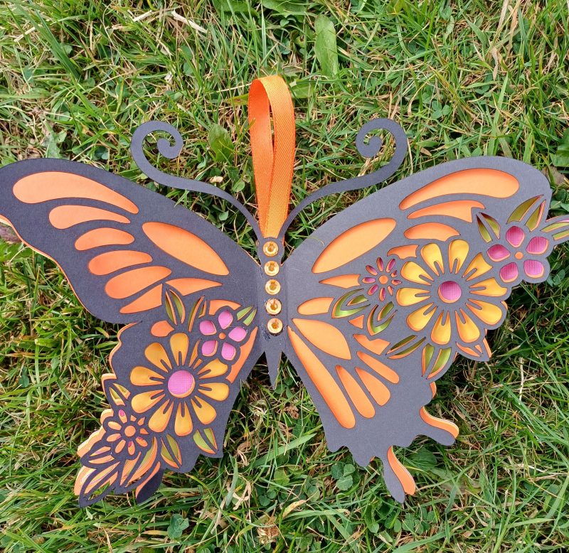 An Absolutely Stunning Layered Butterfly In Black, Orange, Pink, Green And Yellow. Beautiful To Hang On A Wall Or Display On An Easel.