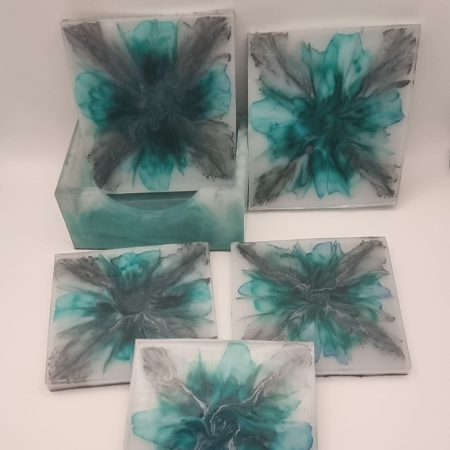 Peacock blue and grey bloom coaster set