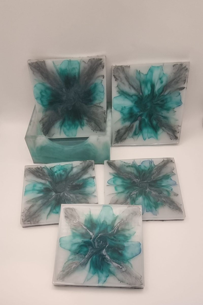 Peacock blue and grey bloom coaster set