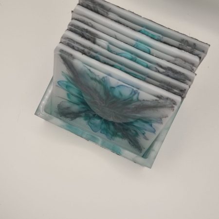 Peacock blue and grey bloom coaster set