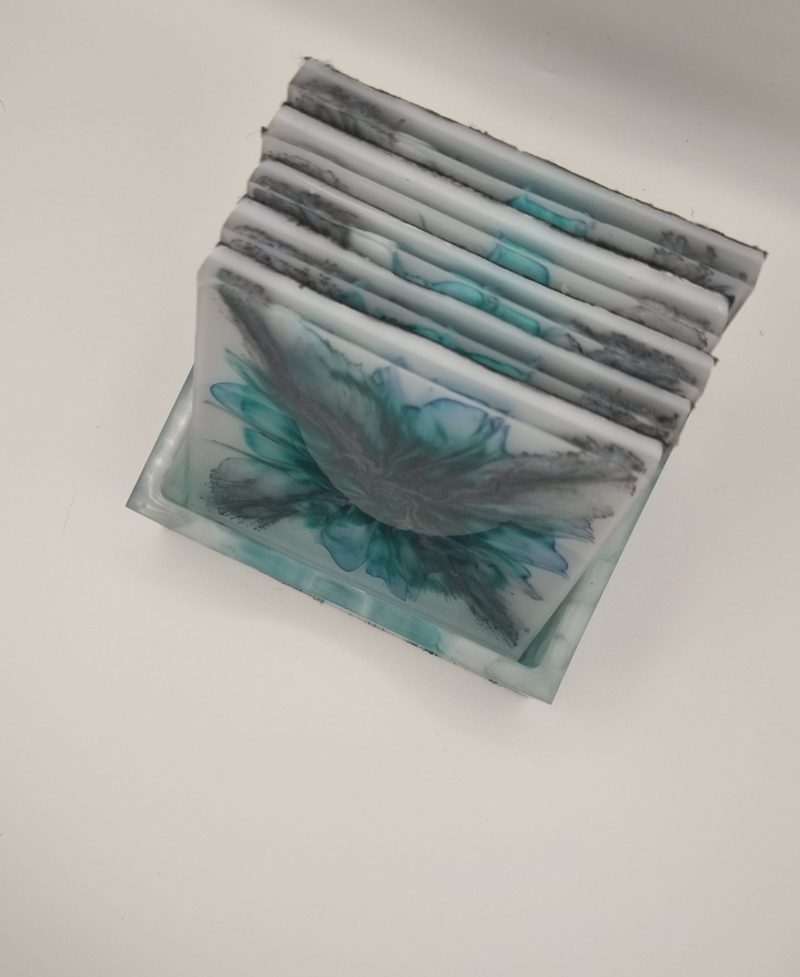 Peacock blue and grey bloom coaster set