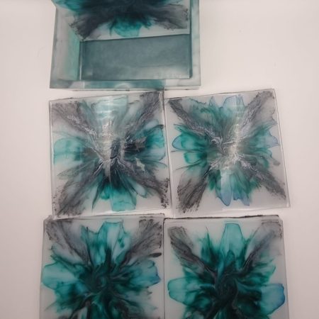 Peacock blue and grey bloom coaster set