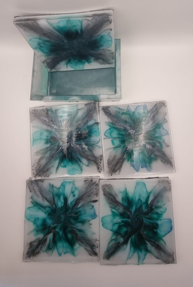 Peacock blue and grey bloom coaster set