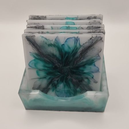 Peacock blue and grey bloom coaster set
