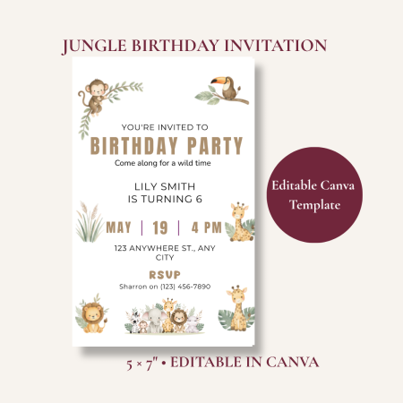 Jungle Birthday Invitation Editable Canva Template 5x7