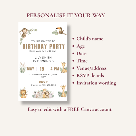 Jungle Birthday Invitation Editable Canva Template 5x7