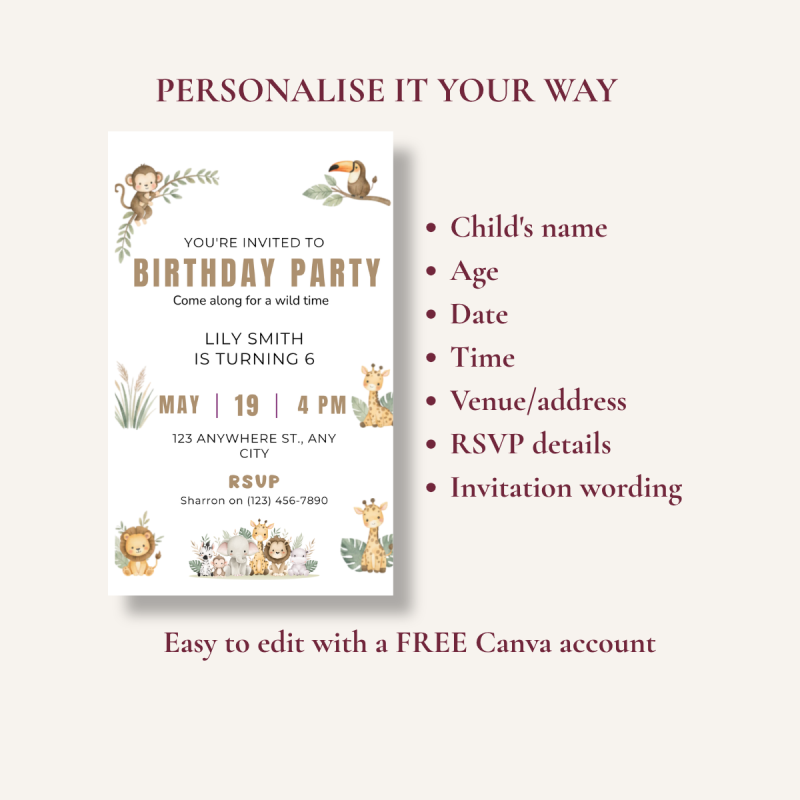 Jungle Birthday Invitation Editable Canva Template 5x7