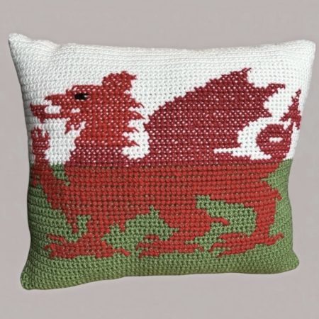 Handmade Crochet Welsh Flag Cushion with Inner Pad Unique Dragon Gift