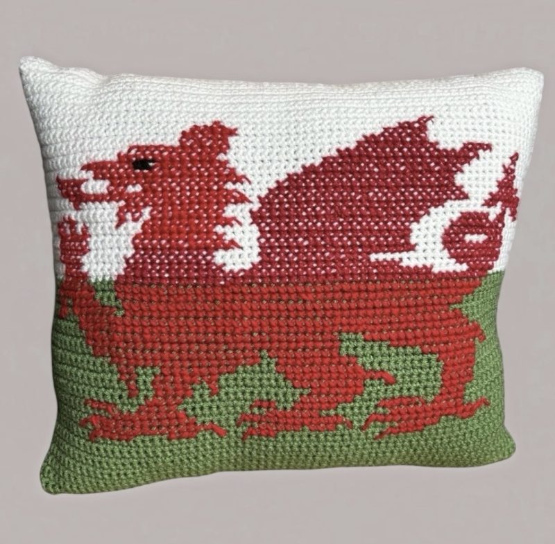 Handmade Crochet Welsh Flag Cushion with Inner Pad Unique Dragon Gift