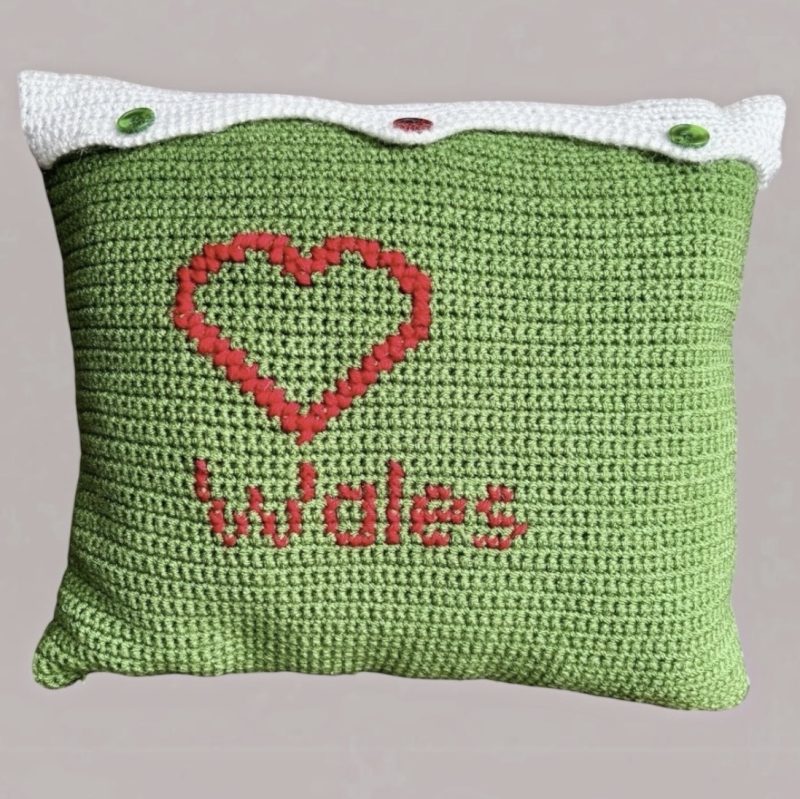Handmade Crochet Welsh Flag Cushion with Inner Pad Unique Dragon Gift