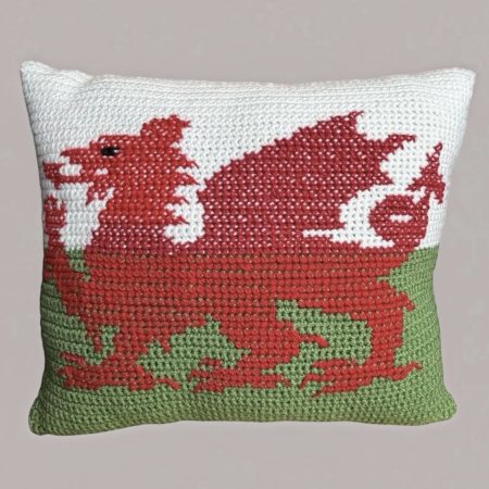 Handmade Crochet Welsh Flag Cushion with Inner Pad Unique Dragon Gift