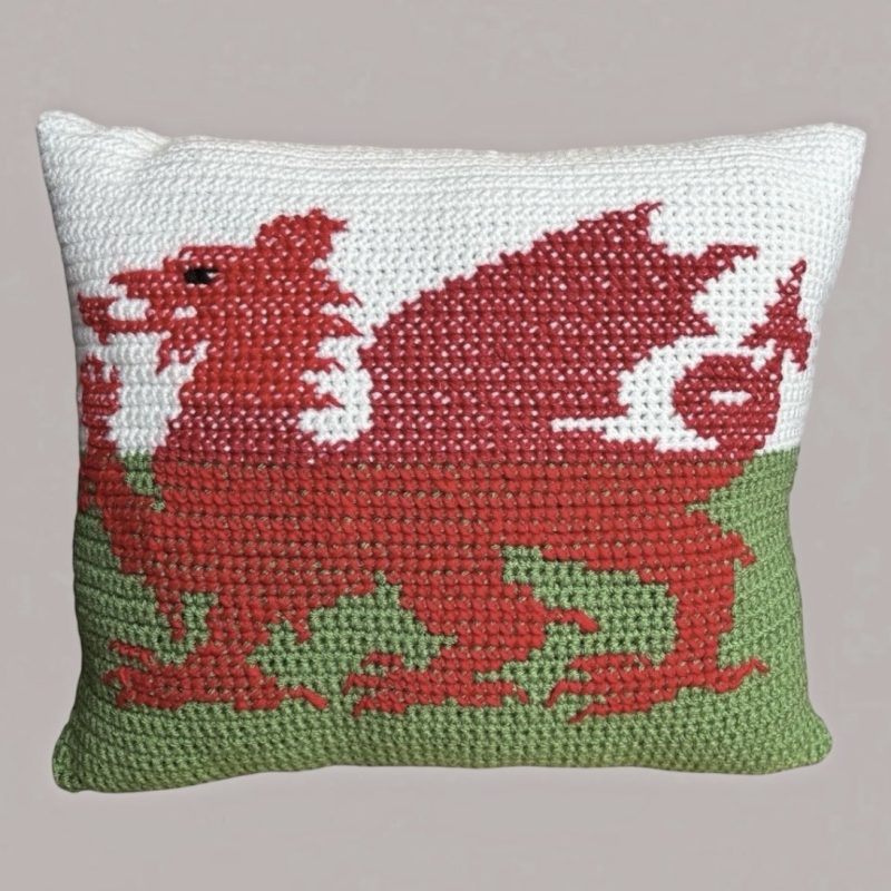 Handmade Crochet Welsh Flag Cushion with Inner Pad Unique Dragon Gift