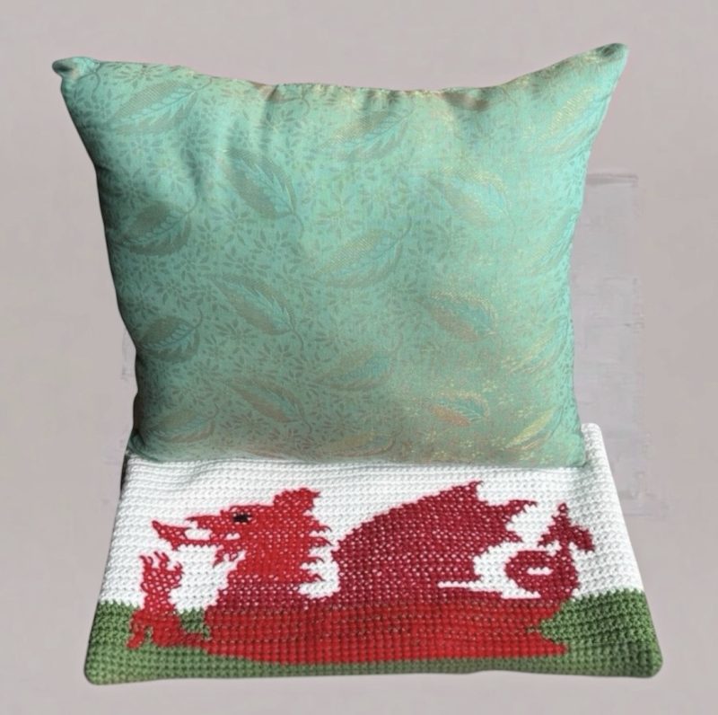 Handmade Crochet Welsh Flag Cushion with Inner Pad Unique Dragon Gift