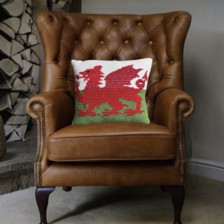 Handmade Crochet Welsh Flag Cushion with Inner Pad Unique Dragon Gift