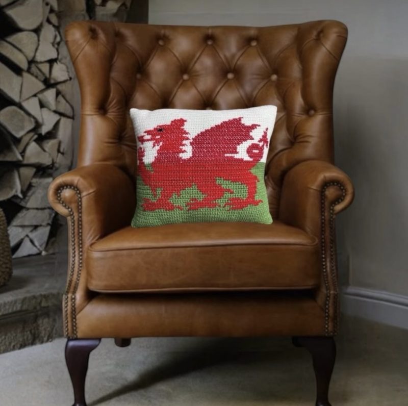 Handmade Crochet Welsh Flag Cushion with Inner Pad Unique Dragon Gift