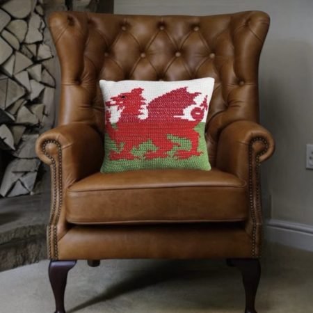 Handmade Crochet Welsh Flag Cushion with Inner Pad Unique Dragon Gift