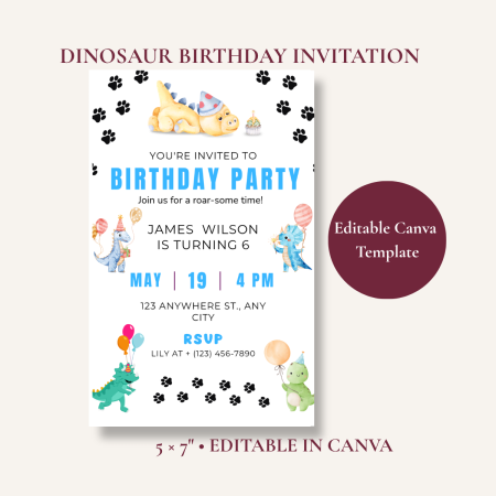 Editable Dinosaur Birthday Invitation Kids Party Canva Template 5x7