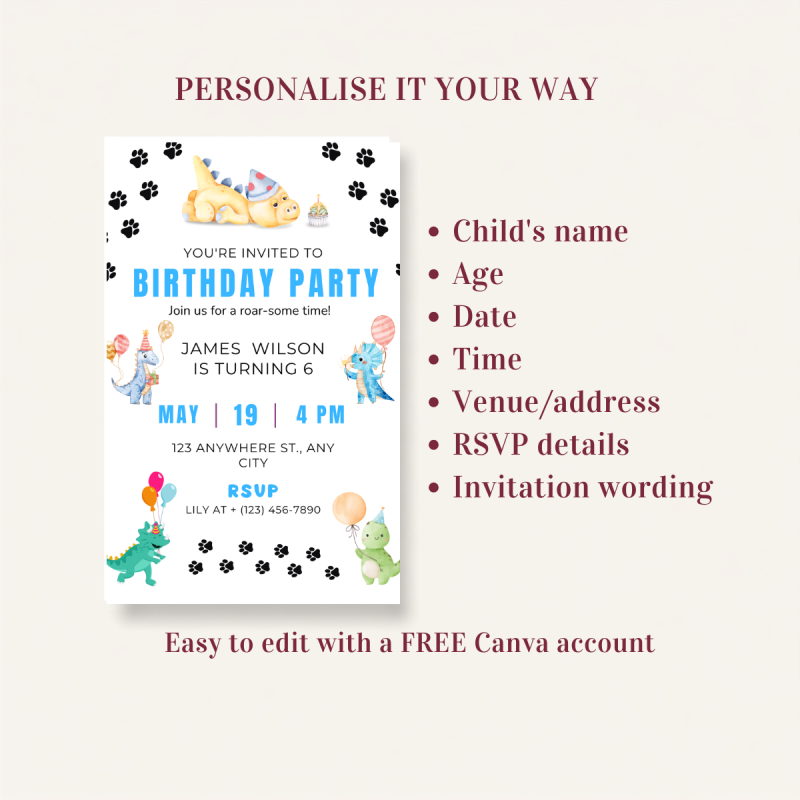 Editable Dinosaur Birthday Invitation Kids Party Canva Template 5x7