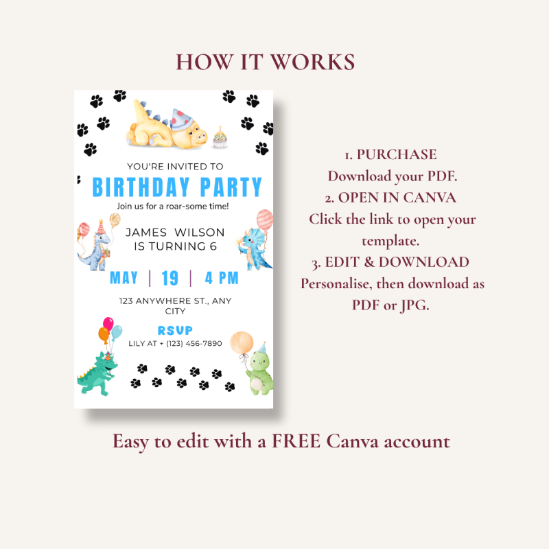 Editable Dinosaur Birthday Invitation Kids Party Canva Template 5x7