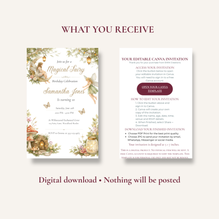 Magical Fairy Birthday Party Invitation Editable 5x7 Canva Template