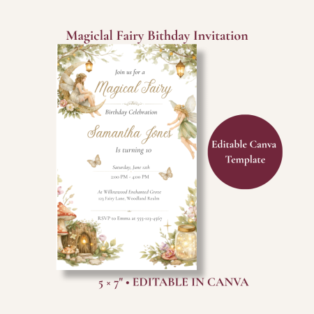 Magical Fairy Birthday Party Invitation Editable 5x7 Canva Template