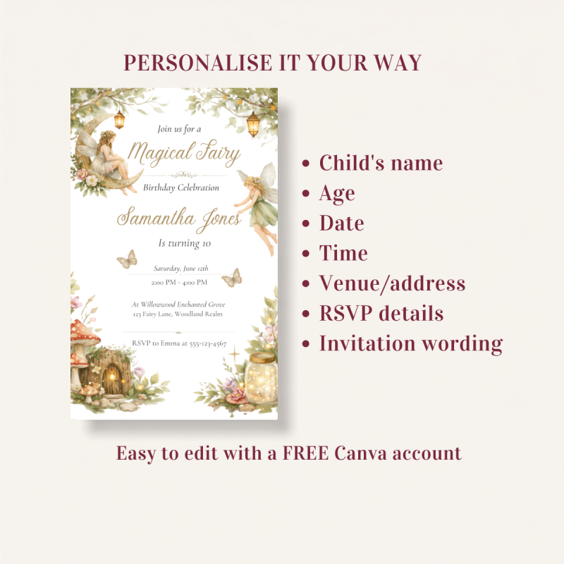 Magical Fairy Birthday Party Invitation Editable 5x7 Canva Template
