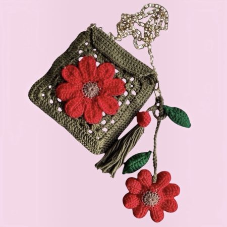 Handmade Crochet Flower Crossbody Bag with Pearl Chain & Vine Charm. Multicoloured.