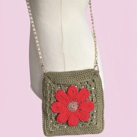 Handmade Crochet Flower Crossbody Bag with Pearl Chain & Vine Charm. Multicoloured.