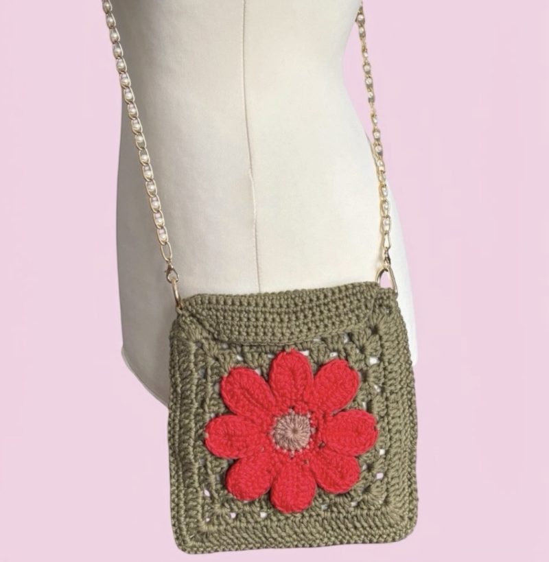 Handmade Crochet Flower Crossbody Bag with Pearl Chain & Vine Charm. Multicoloured.