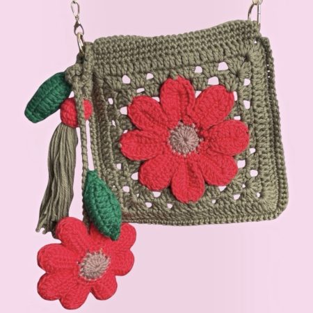 Handmade Crochet Flower Crossbody Bag with Pearl Chain & Vine Charm. Multicoloured.