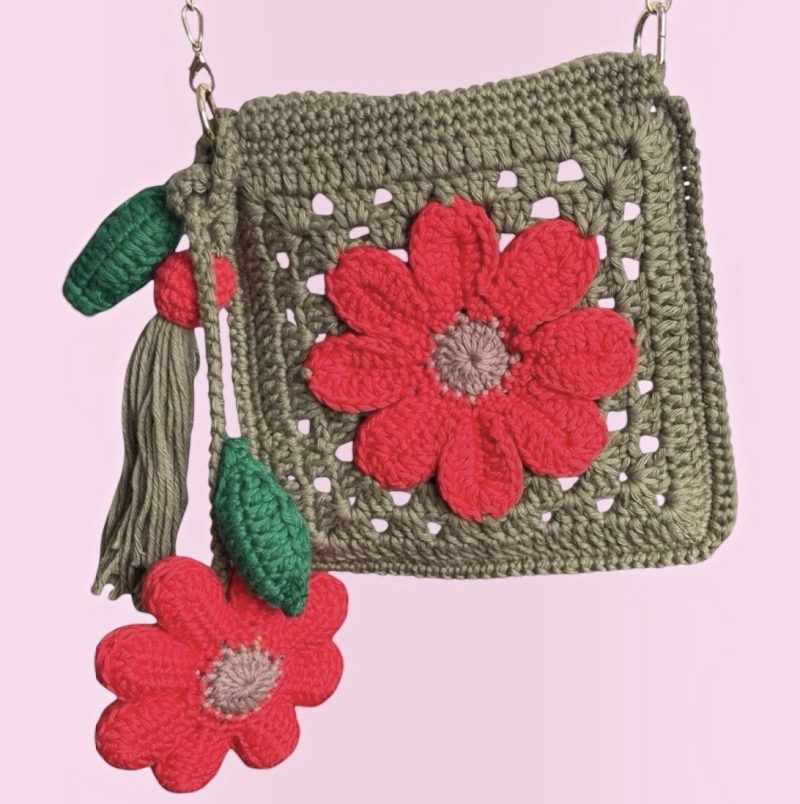 Handmade Crochet Flower Crossbody Bag with Pearl Chain & Vine Charm. Multicoloured.