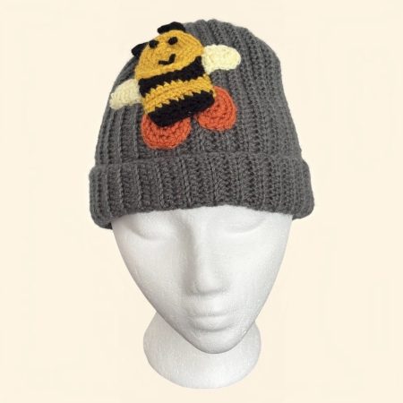 Handmade Grey Crochet Beanie Hat with Cute Bumblebee Patches. One Size.