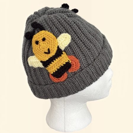 Handmade Grey Crochet Beanie Hat with Cute Bumblebee Patches. One Size.