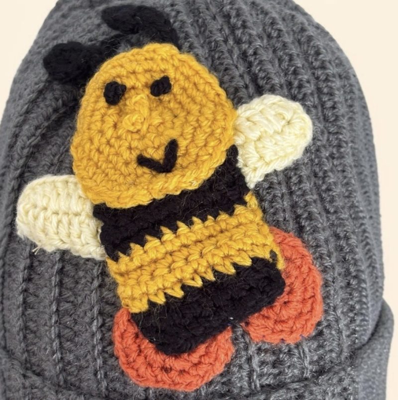 Handmade Grey Crochet Beanie Hat with Cute Bumblebee Patches. One Size.