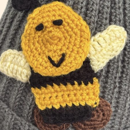 Handmade Grey Crochet Beanie Hat with Cute Bumblebee Patches. One Size.