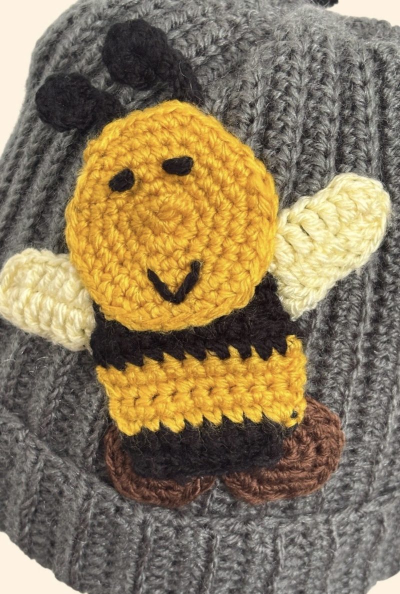 Handmade Grey Crochet Beanie Hat with Cute Bumblebee Patches. One Size.