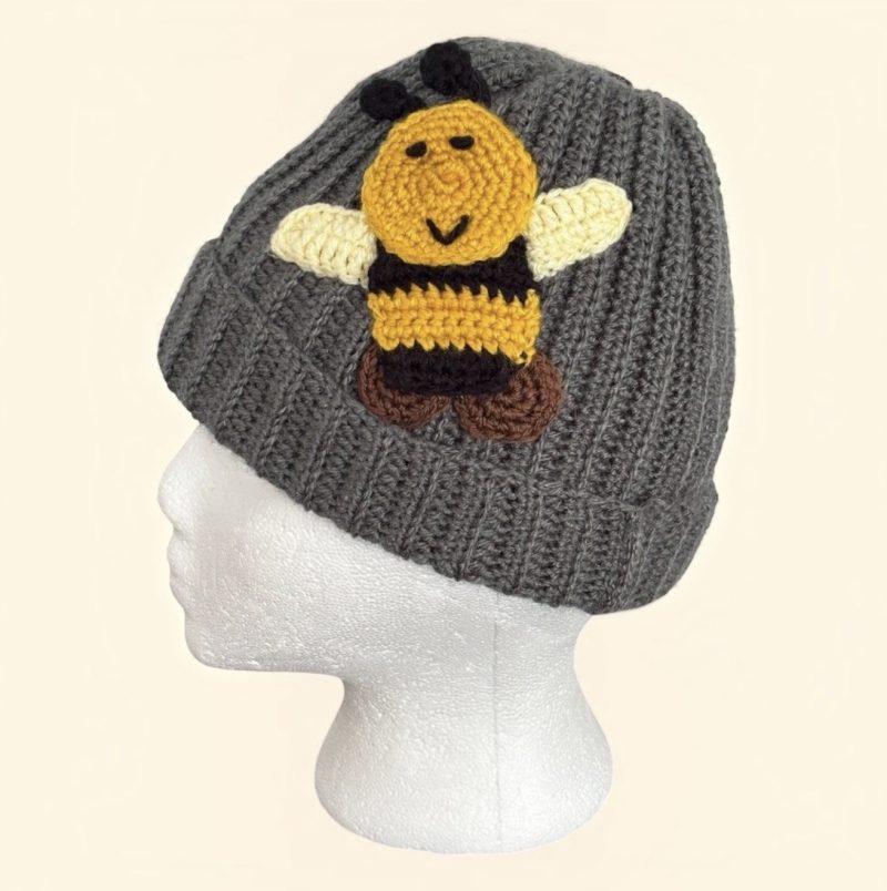 Handmade Grey Crochet Beanie Hat with Cute Bumblebee Patches. One Size.