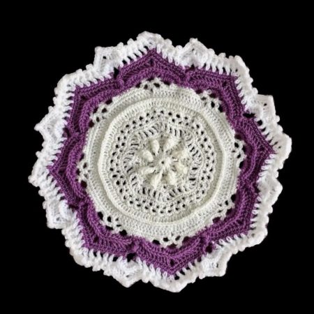 Large Handmade Crochet Mandala Doily 42cm Purple and Cream Textured Table Centerpiece Boho Home Decor