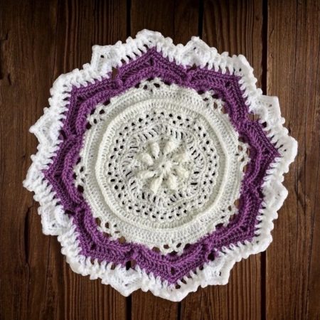 Large Handmade Crochet Mandala Doily 42cm Purple and Cream Textured Table Centerpiece Boho Home Decor