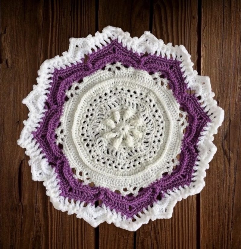 Large Handmade Crochet Mandala Doily 42cm Purple and Cream Textured Table Centerpiece Boho Home Decor
