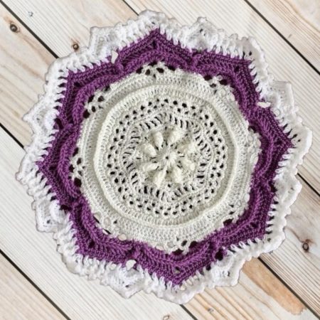 Large Handmade Crochet Mandala Doily 42cm Purple and Cream Textured Table Centerpiece Boho Home Decor