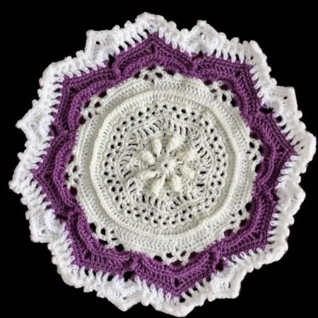 Large Handmade Crochet Mandala Doily 42cm Purple and Cream Textured Table Centerpiece Boho Home Decor