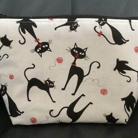 Medium Size Make Up Bag/Pouch Lined Zipped featuring Quirky Black Cat on a White Background