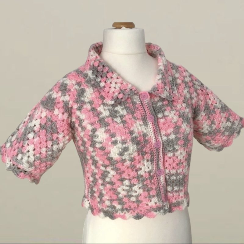 Handmade Pink & Grey Crochet Crop Shirt – Retro Boho Style (UK 10)