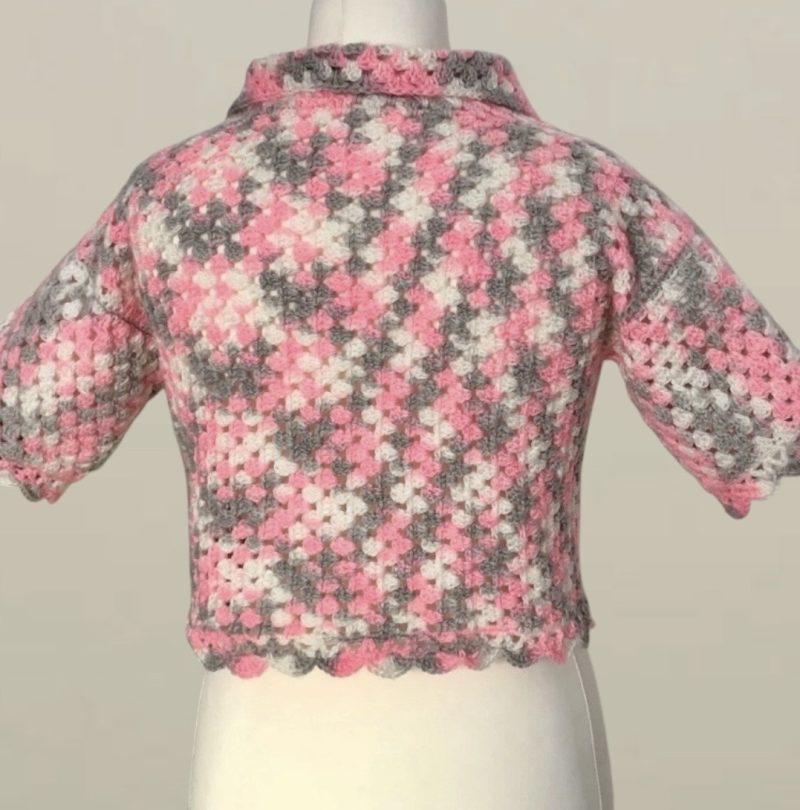 Handmade Pink & Grey Crochet Crop Shirt – Retro Boho Style (UK 10)