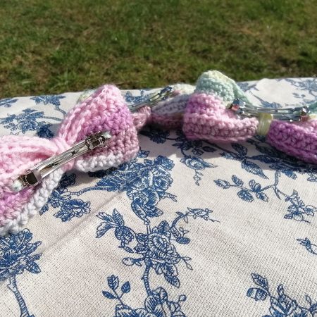 Crochet Hair Bow, Barrette Clip, Standard Size. Party, Gift.