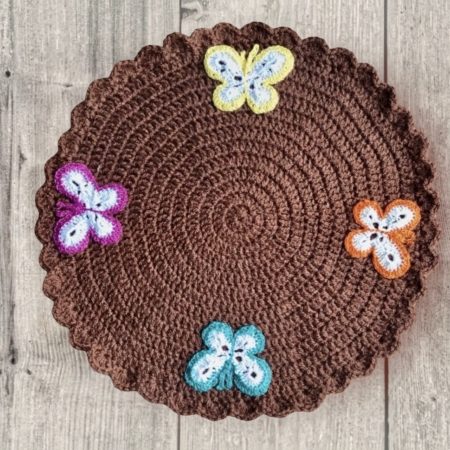 Set of 6 Handmade Crochet Placemats – Round Brown Dining Mats with Colorful 3D Butterflies
