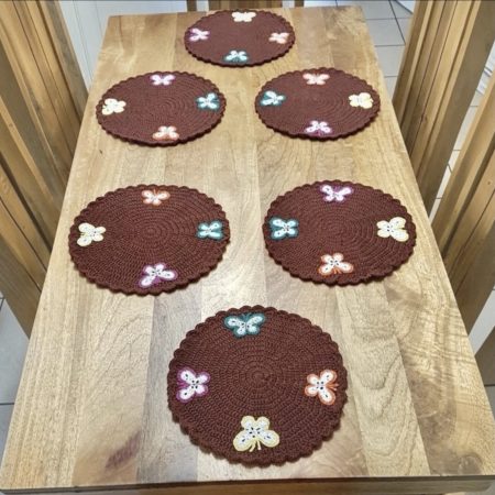Set of 6 Handmade Crochet Placemats – Round Brown Dining Mats with Colorful 3D Butterflies