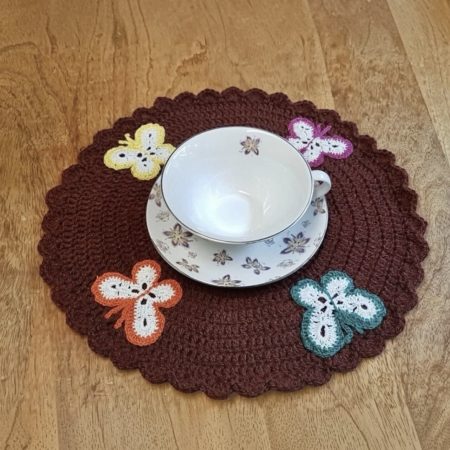Set of 6 Handmade Crochet Placemats – Round Brown Dining Mats with Colorful 3D Butterflies
