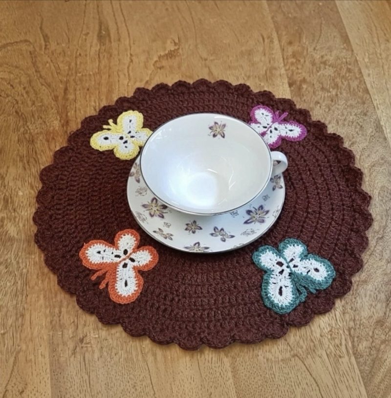 Set of 6 Handmade Crochet Placemats – Round Brown Dining Mats with Colorful 3D Butterflies